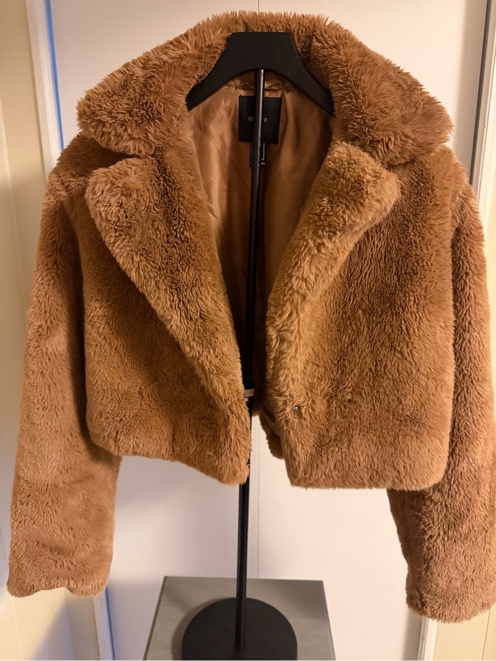 Forever 21 Cropped Teddy Coat in Camel Brown